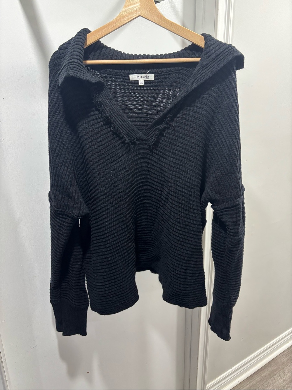 Miracle Black Ribbed V-Neck Hooded Sweater